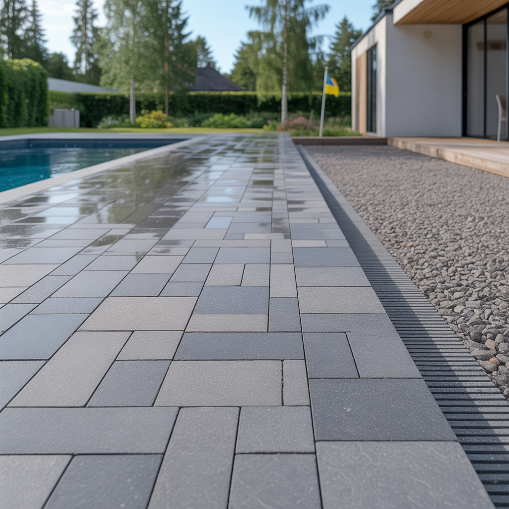 stensattning runt pool checklista for avrinning och halkskyd